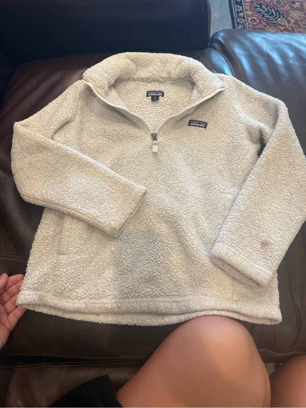 Patagonia Cream Sherpa Quarter-Zip Pullover has some stains